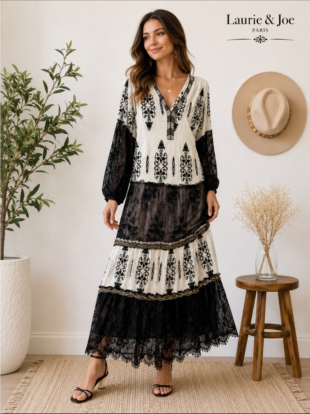 Laurie & Joe  Black & Ivory Beaded Lace Maxi Tiered Dress NWT